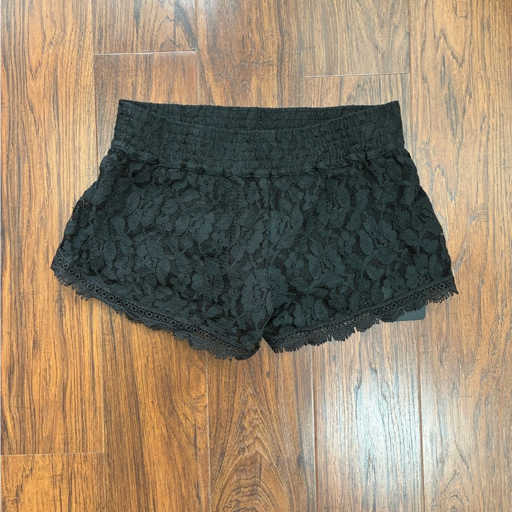 High Waist Black Lace Shorts with Scalloped Hem